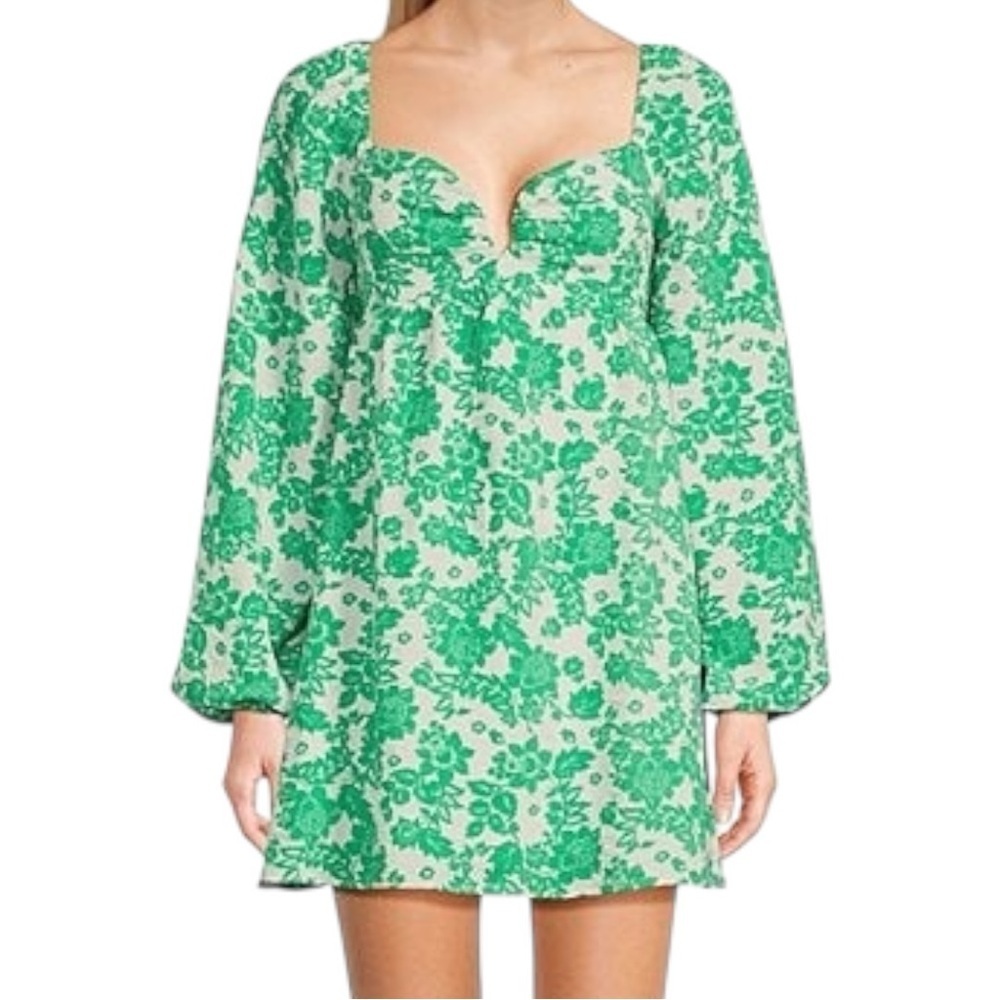 Crystal Doll Green & White Floral Babydoll Dress, Long Sleeve, Split V-Neck, XL